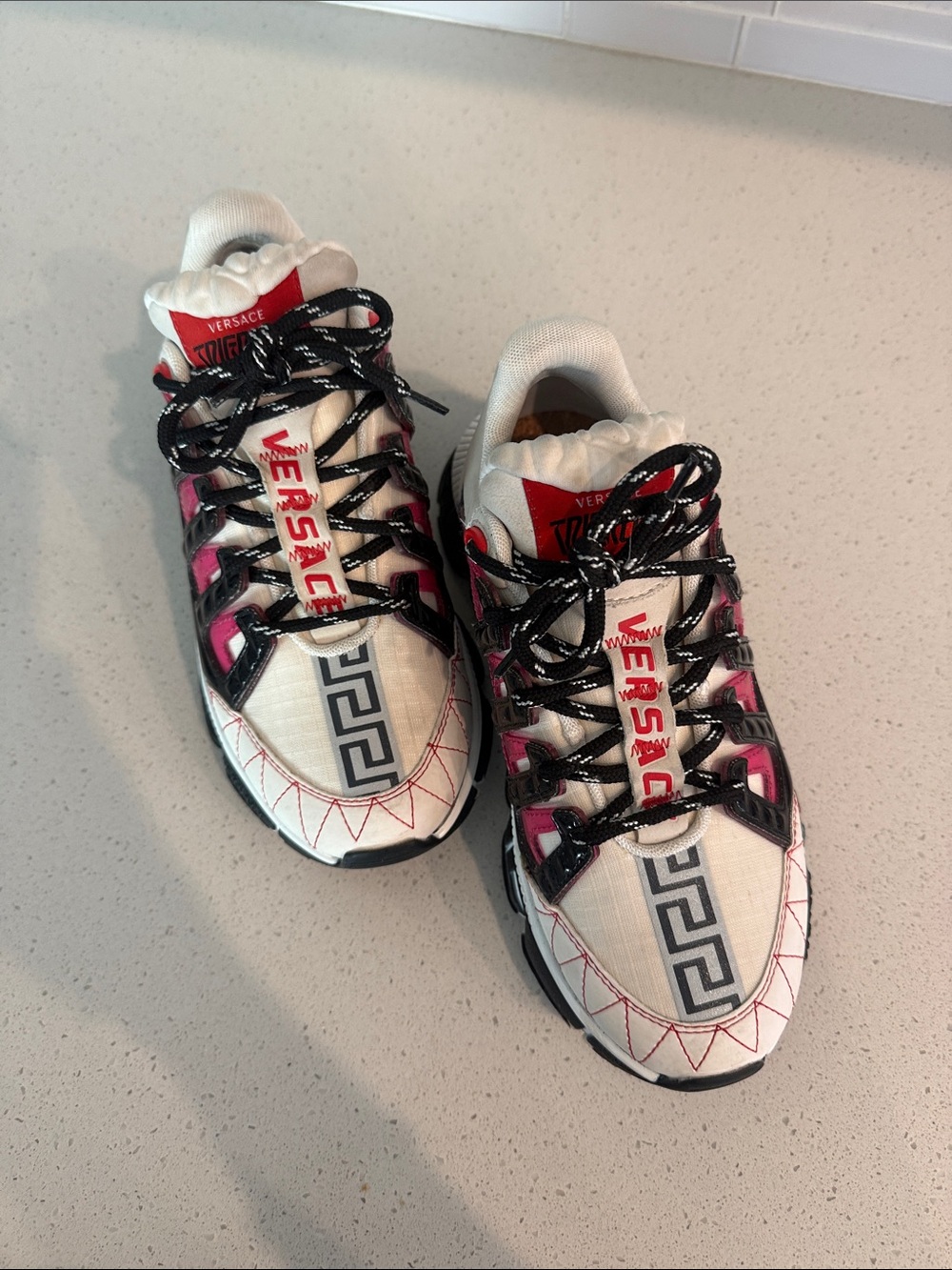 Authentic Versace White, Pink & Black Logo Trail Sneakers - Picture 2 of 5